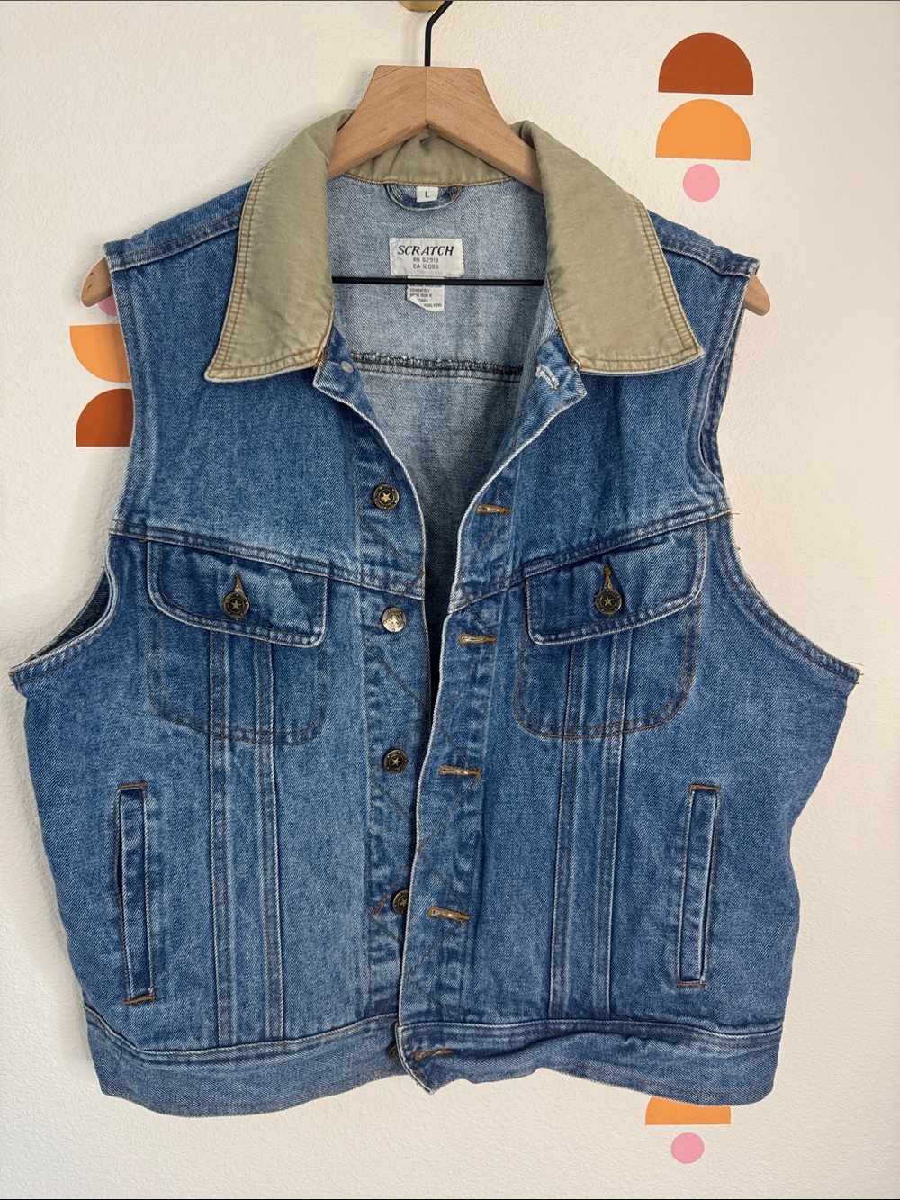 Vintage Scratch Denim Vest with Khaki Collar Western ranch wear Jean vest N0278